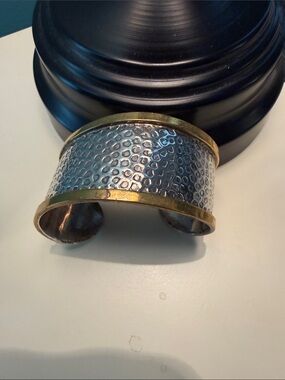 Wide Two-Tone Metal Cuff Bracelet — Sterling Silver & Gold Tones